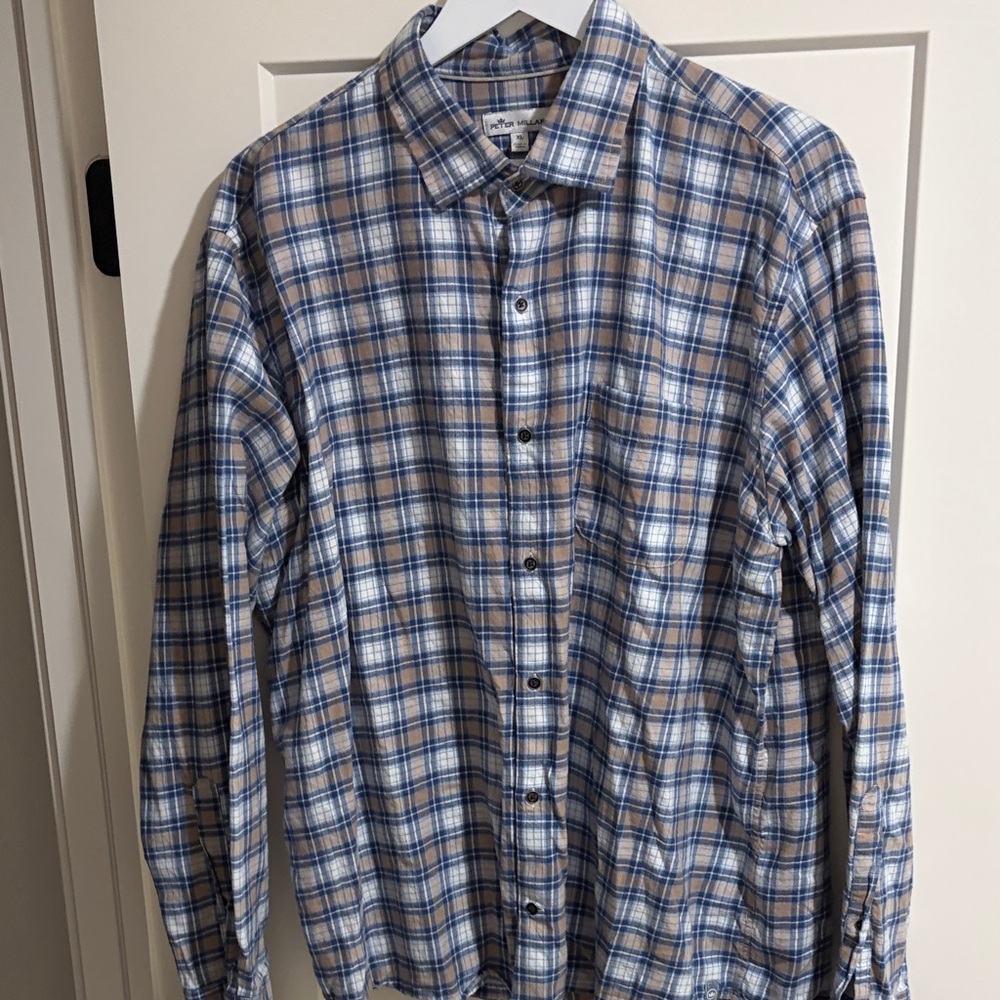 Peter Millar Blue and Tan Plaid Shirt